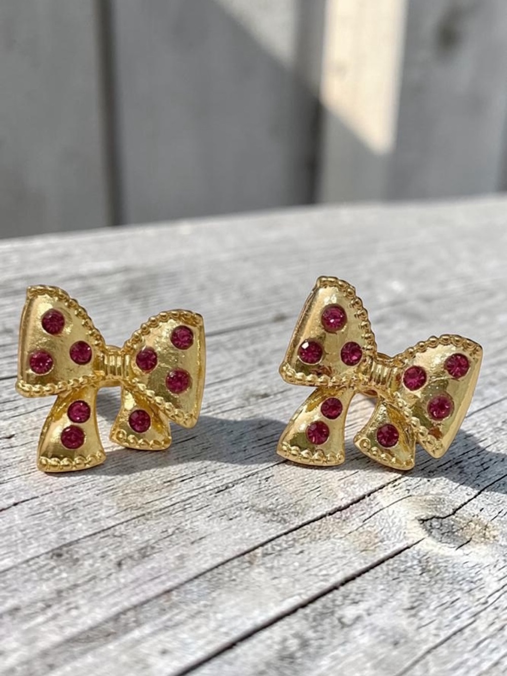Gold Bow Earrings With Sparkly Pink Crystals NWOT